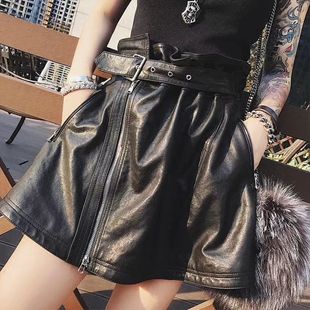 饰短裙 真皮皮裙女绵羊皮半身裙伞裙腰带拉链装 欧洲站2022春季 新款
