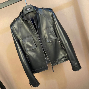 机车夹克 做旧植揉皮复古短款 立领显瘦潮 真皮皮衣女 海宁春秋新款