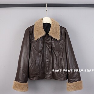 新款皮衣外套羊羔毛领机车服羽绒服2024冬女真皮绵羊皮港风油蜡皮