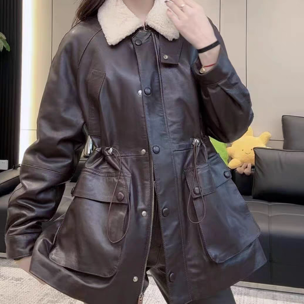 新款真皮羊羔毛领皮衣女中长款收腰工装宽松显瘦羽绒服百搭外套,女装/女士精品,皮衣,淘宝优惠券,粉丝福利购,淘宝优惠卷