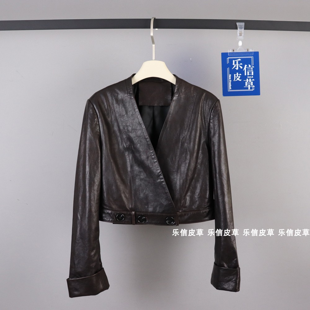 网红同款真皮卷边袖绵羊皮皮衣