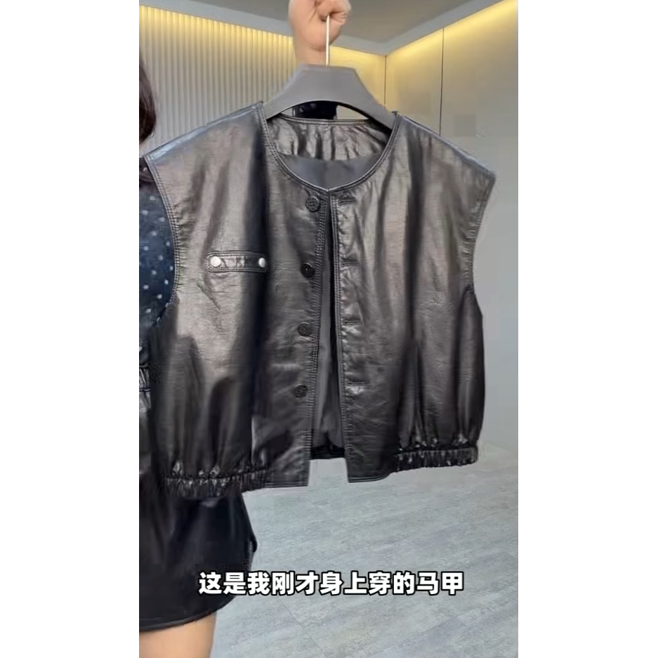 新款头层真皮马甲女宽松无袖休闲时尚潮流圆领宽松型皮衣背心外套