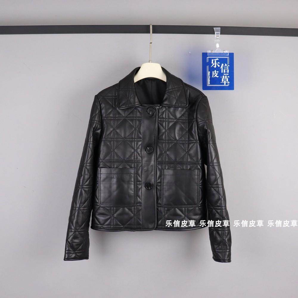 秋冬季切格绵羊皮夹棉真皮皮衣单排扣女外套小个子大口袋时尚简约