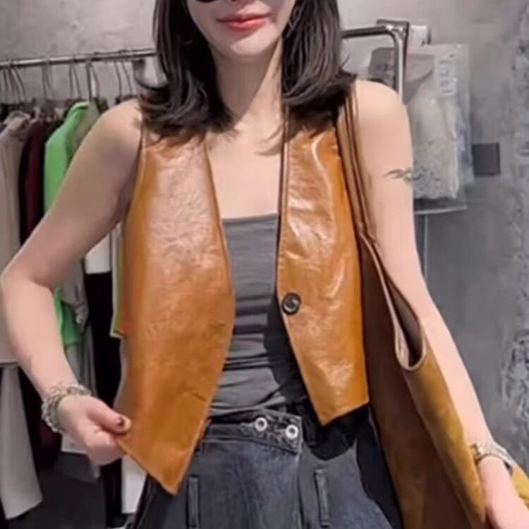 真皮新款皮衣女绵羊皮休闲复古一粒扣马夹气质V领皮马甲洋气外套