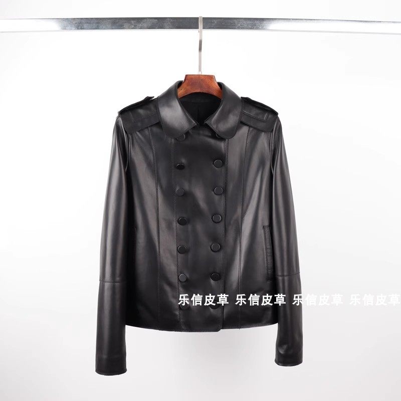 修身百搭短款双排扣皮衣绵羊皮