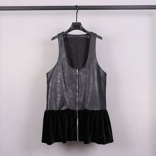 2026新款真皮马甲女绵羊皮拼接丝绒连衣裙拉链显瘦百搭无袖背心裙