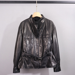 新款真皮皮衣女款短款立领单排扣腰带收腰长袖时尚百搭皮夹克外套