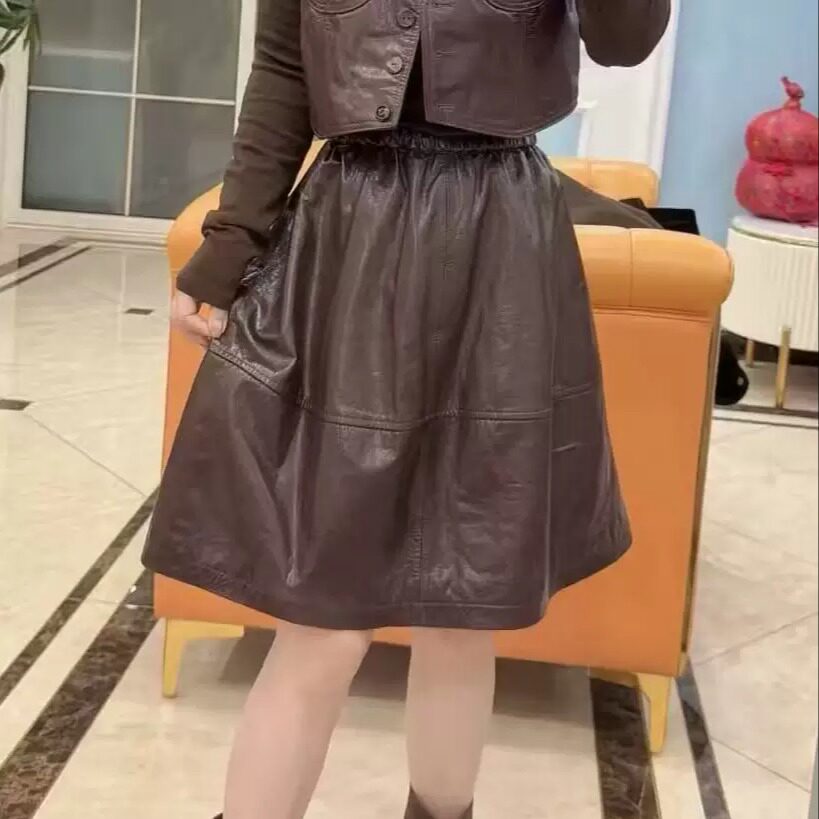 酷感真皮高腰A字显瘦半身裙