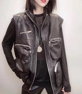 口袋绵羊皮外套 个性 秋季 新款 皮衣潮 欧货爆款 拉锁无袖 真皮马夹女