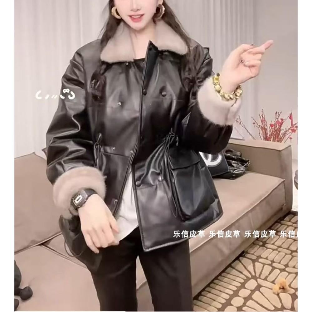 2024年新款设计感皮衣外套高级感中长款水貂毛领羽绒皮衣女真皮衣