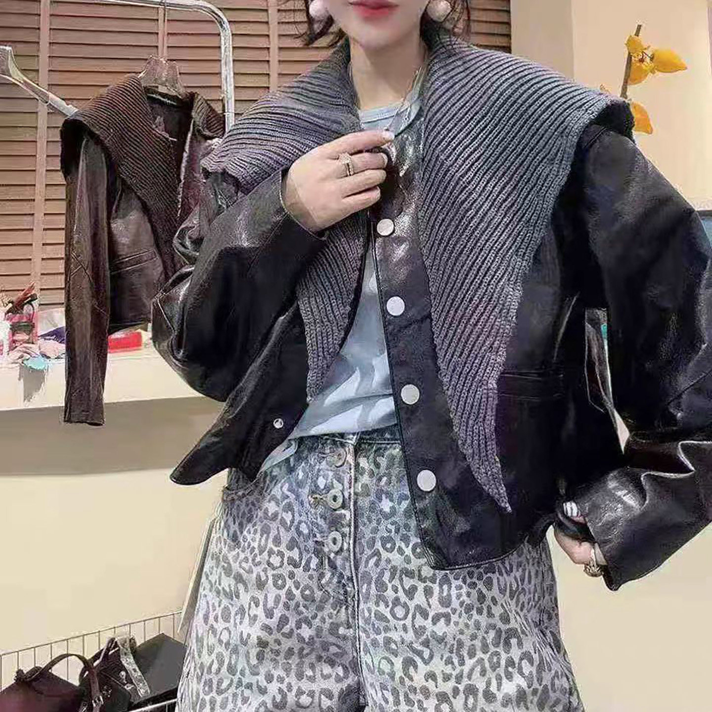 2026新款复古针织披肩绵羊皮油蜡皮皮衣女短款高级感真皮长袖外套,女装/女士精品,皮衣,淘宝优惠券,粉丝福利购,淘宝优惠卷