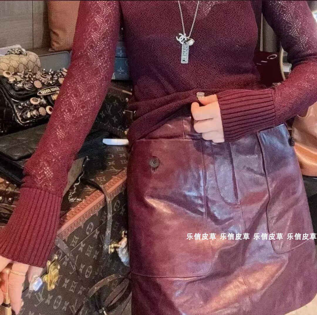 陈太太同款真皮复古棕色半身裙女口袋高腰纽扣一步裙百搭绵羊皮潮