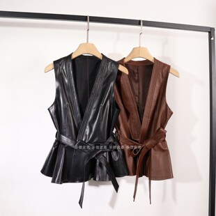 时尚新款真皮马甲女款V领短款气质百搭修身无袖系带收腰马甲外套