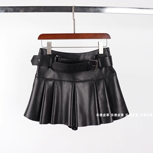 真皮女腰带短裙2023新款设计感百褶裙时尚百搭半身裙绵羊皮小黑裙