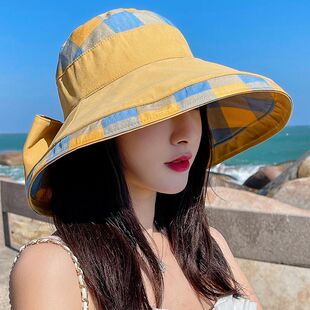 渔夫帽子女防晒太阳帽夏天日系格子出游百搭遮阳韩版遮脸大沿帽夏