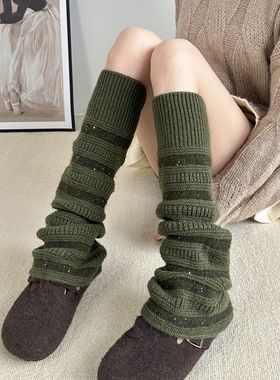 绿色羊毛袜套秋冬季保暖显瘦微喇腿套y2k亮片靴套堆堆袜修饰腿型