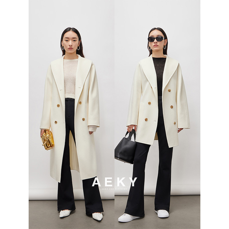 AEKY限量嵿级克什米尔山羊绒大衣牛角扣中长款白色双面毛呢外套女