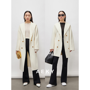 AEKY限量嵿级克什米尔山羊绒大衣牛角扣中长款白色双面毛呢外套女