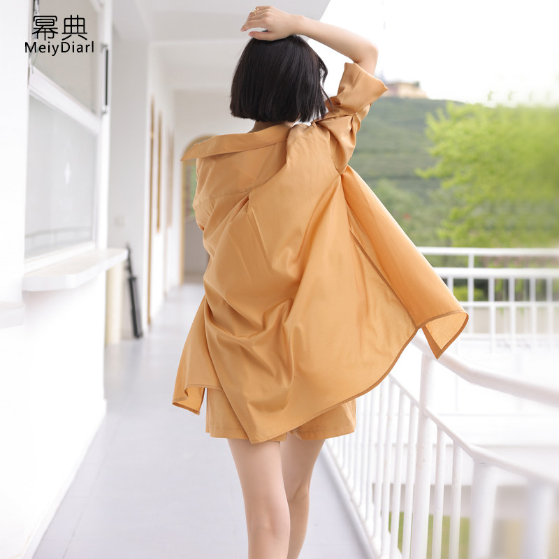 雪纺衬衫女夏季薄款2021新款长袖防晒衬衣短裤套装减龄时尚两件套