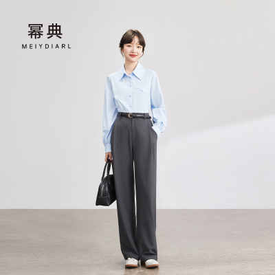 幂典蓝色衬衫女通勤面试设计感衬衣法式别致绝美小衫2025春季新款