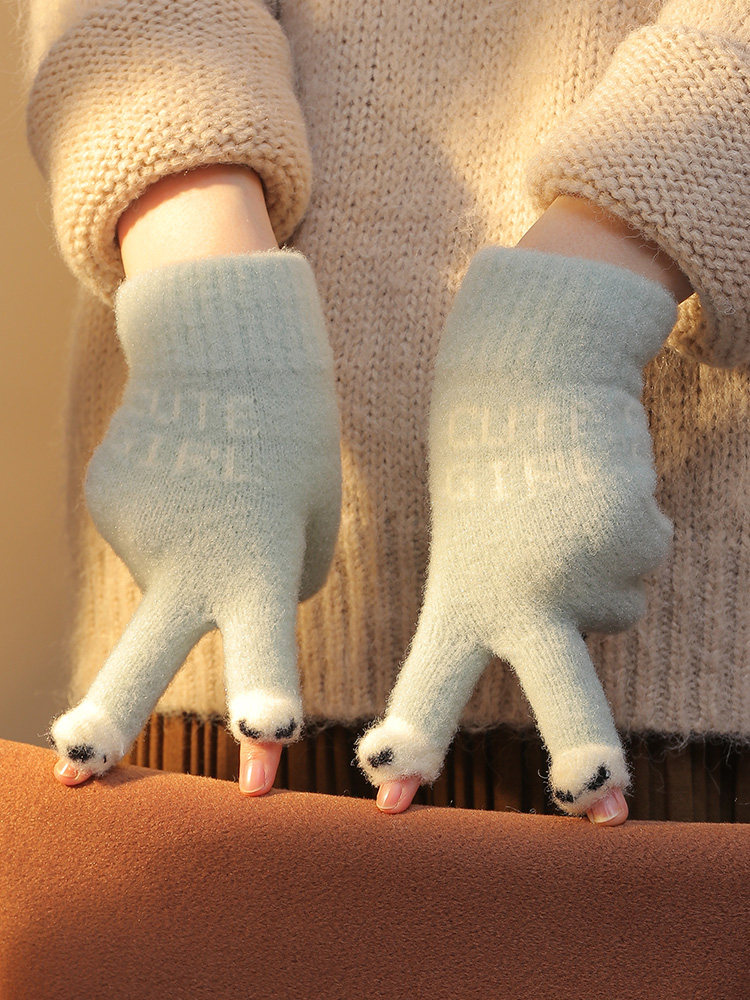 GLOVES LADIES WINTER NEW FINGER THICKENED WARM BIG KIDS CUTE STUDENT COLD WOOL TOUCHSCREEN WINTER MEN