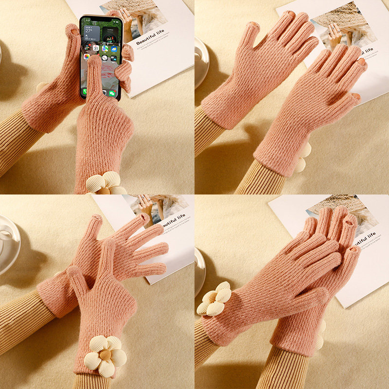 AUTUMN WARM KNIT CUTE LITTLE FLOWER INS GLOVES FEMALE WINTER STUDENT RIDING COLD TOUCH SCREEN WOOLEN GLOVES