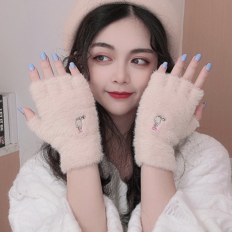GLOVES AUTUMN AND WINTER GIRLS WRITING VELVET CUTE STUDENT WARMTH WINDPROOF COLD THICKENED COTTON HALF FINGER KOREAN VERSION OF JAPANESE