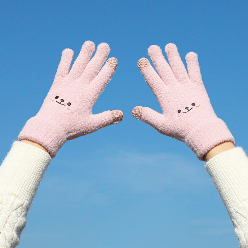 SMILEY GLOVES FOR LADIES AUTUMN AND WINTER CUTE SWEET RIDING WARM VELVET THICKENED COLDPROOF KOREAN TOUCH SCREEN COTTON GLOVES