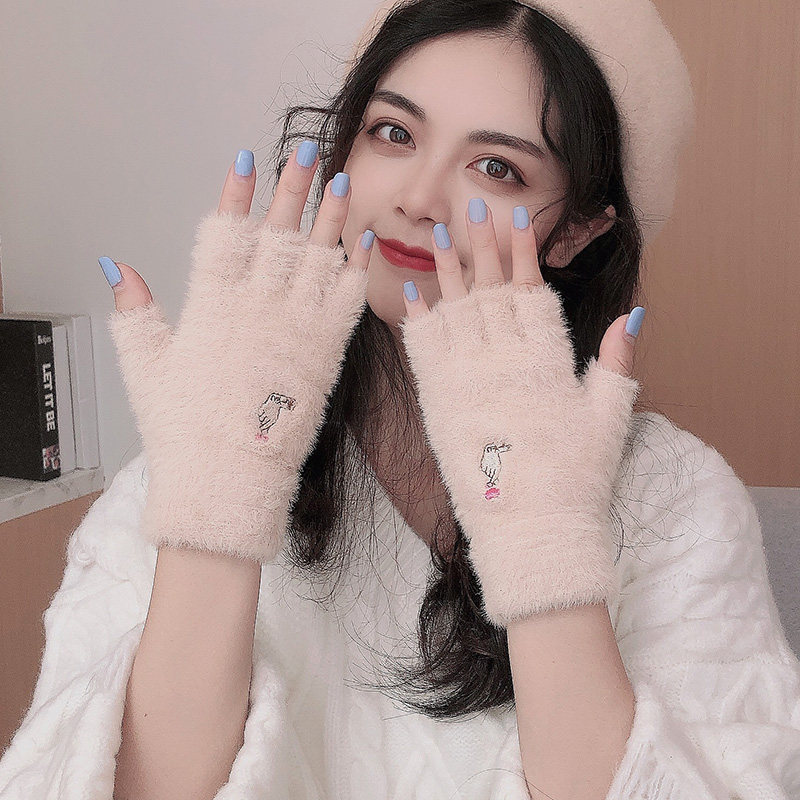 GLOVES AUTUMN AND WINTER GIRLS WRITING VELVET CUTE STUDENT WARMTH WINDPROOF COLD THICKENED COTTON HALF FINGER KOREAN VERSION OF JAPANESE