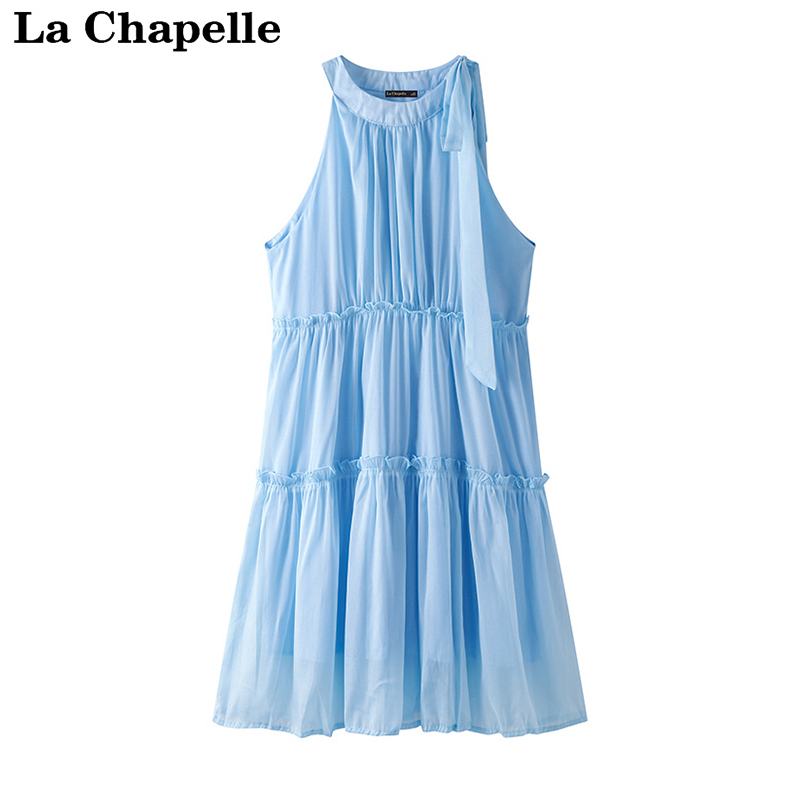 拉夏贝尔/La Chapelle挂脖露肩气质无袖连衣裙女夏显瘦褶皱a字裙