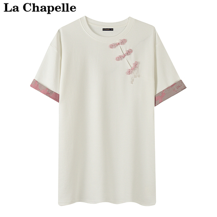 拉夏贝尔/La Chapelle夏季新中式盘扣撞色短袖T恤女宽松显瘦上衣