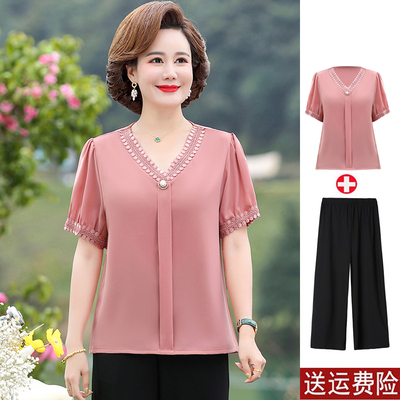 恒源祥官方正品妈妈夏装短袖套装中年妇女雪纺小衫t恤中老年女装