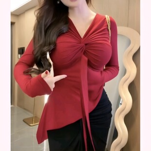 女春秋季 打底衫 胖mm纯欲不规则收腰长袖 奥特莱斯万象折扣清仓大码