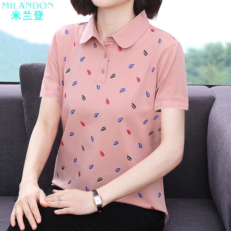 米兰登官方舰旗店妈妈短袖t恤女2026夏装新款中老年翻领上衣宽松图片
