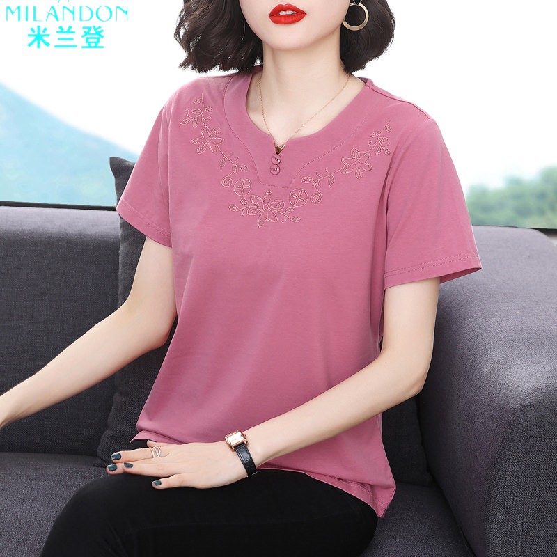 米兰登官方舰旗店妈妈短袖t恤女夏装减龄洋气中老年女士内搭刺绣图片