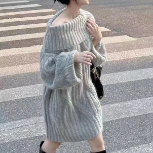 奥特莱斯万象折扣清仓大码 气质御姐纯欲欧美风一字肩套头 MM针织衫