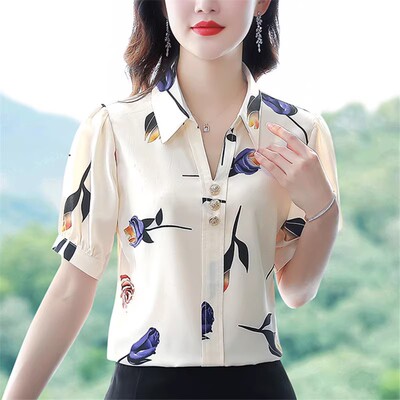 恒源祥官方正品夏季衬衫女士时尚气质中年妈妈装夏装短袖雪纺小衫