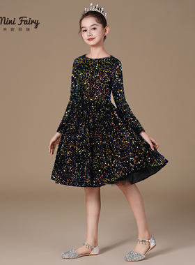 圣诞节女童黑色小礼服丝绒服亮片长袖公主蓬蓬裙洋气主持人演出服
