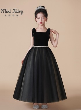 儿童钢琴演奏礼服高端小提琴比赛黑色演出服小女孩洋气网纱蓬蓬裙