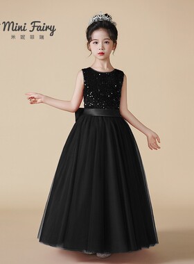 女童高端亮片晚礼服黑色合唱指挥服钢琴演出服长款网纱蓬蓬裙定制