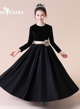 女童黑色丝绒秋冬晚礼服长袖保暖加厚钢琴演出服模特走秀儿童礼服