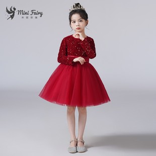 女儿童秋冬礼服圣诞节红色演出服蓬蓬裙小主持人表演生日公主裙短