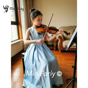 中大童无袖缎面晚礼服女童公主裙天蓝色乐团演奏礼服长款儿童礼服