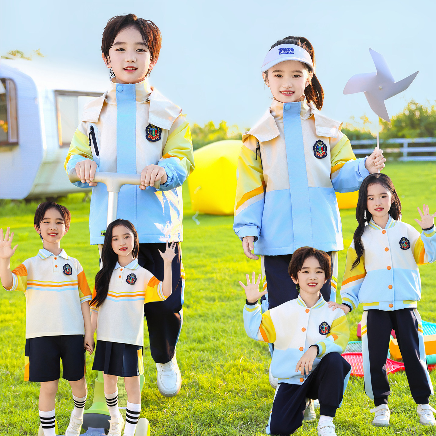 幼儿园冲锋衣园服三件套班服小学生校服一年级儿童运动服装海风蓝