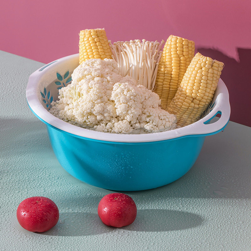 茶花沥水篮塑料厨房洗菜蓝双层漏水果蔬菜筐多用麦穗滴水筛洗菜盆