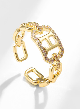 时尚字母H开口可调节戒指项链女套装镂空网红夸张创意珍珠锁骨链