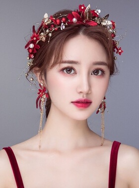 2025年新款敬酒头饰红色新款结婚新娘秀禾服发饰婚纱发箍礼服饰品