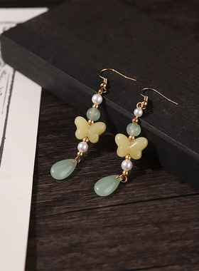 【醉蝴蝶】设计师款新中式蝶语黄色琉璃耳环耳坠百搭秀禾服配饰女