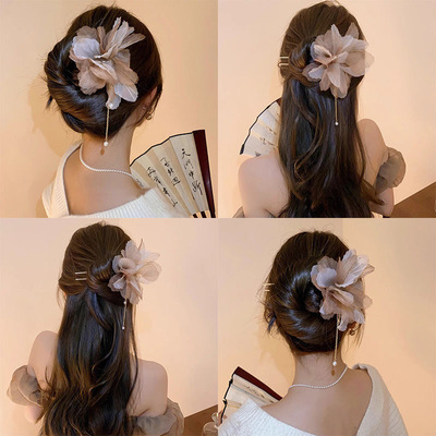 超仙珍珠流苏花朵发簪雪纺气质