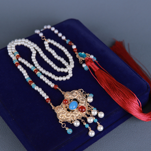 明制璎珞女长款后缀流苏背云项链唐风坦领汉服配饰古风平安锁吊坠